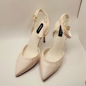 DKNY Ankle Strap Off White Leather Snake Skin Print Women's Heels 6.5